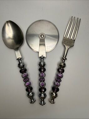 Decorative Purple Beaded Flatware Set - Spoon, Fork, Pizza Wheel